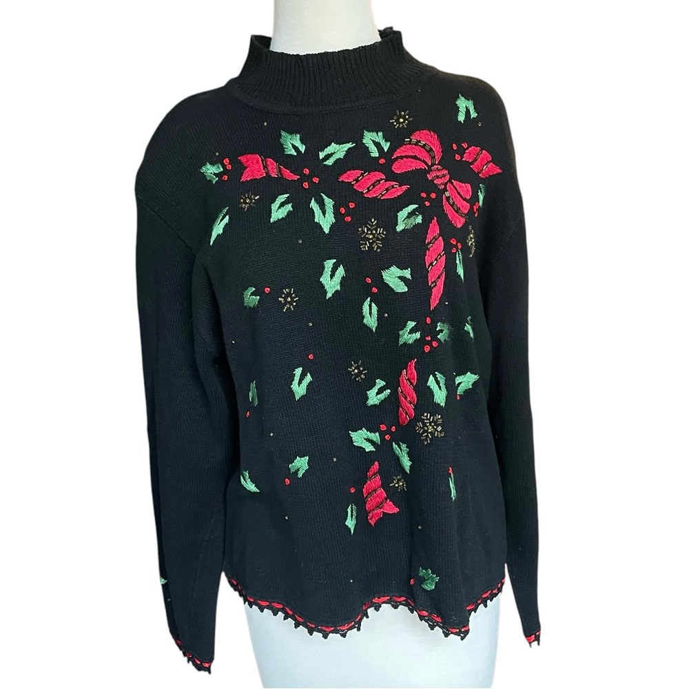 Vintage Arriviste Christmas Embroidered Holly Sweater Sz XL
